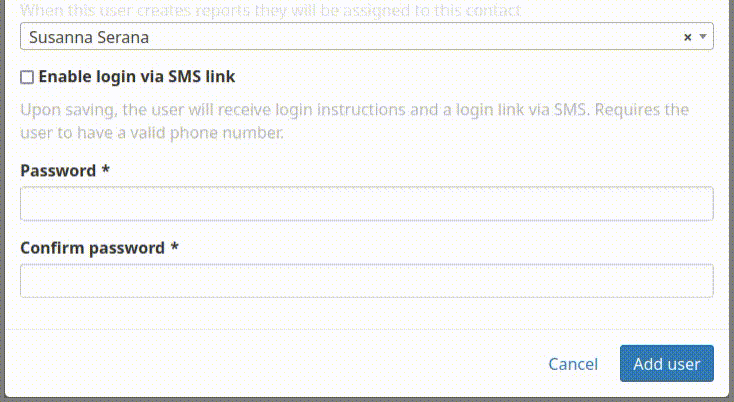 Animated image showing the 'Enable login via SMS link' check box being clicked and 'password' and 'confirm password' fields being hidden