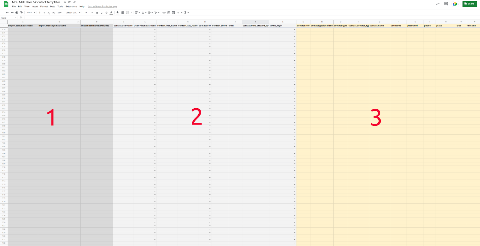 bulk user import spreadsheet with areas labeled