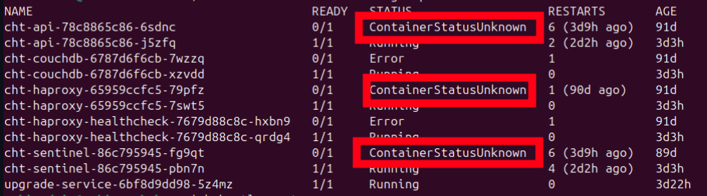 CLI screenshot showing 3 pods with STATUS of “ContainerStatusUnknown” 