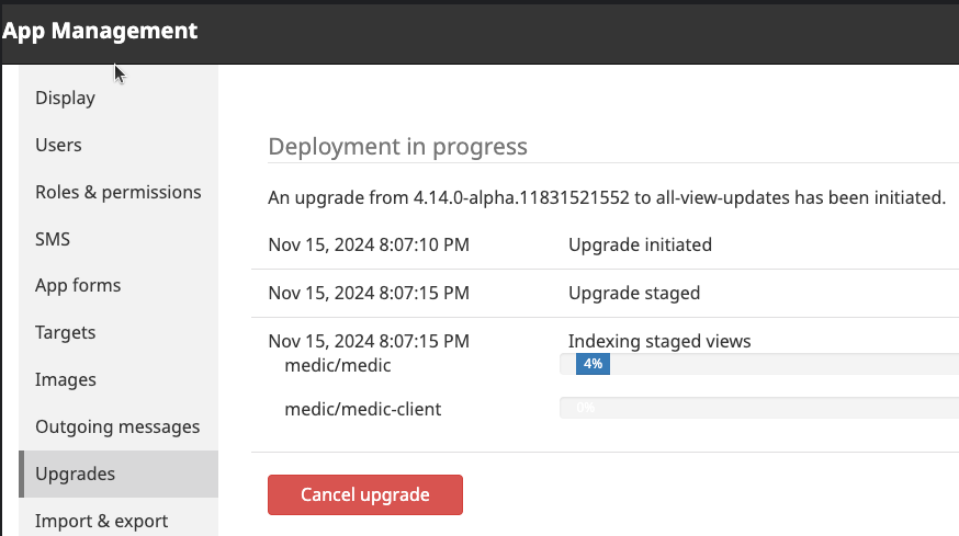 CHT Core admin UI showing upgrade progress bar stalled at 4% 