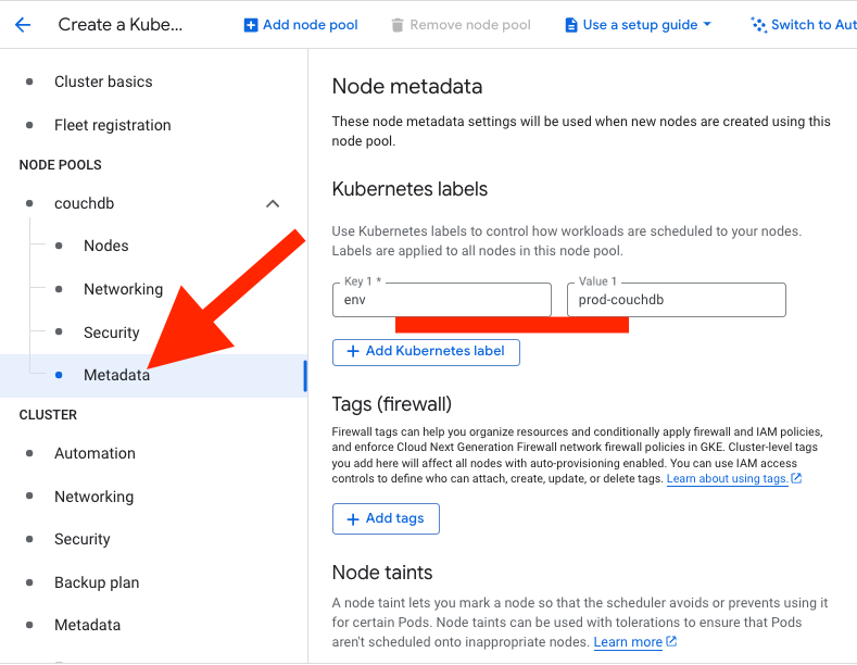 CouchDB nodepool kubernetes labels