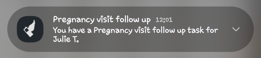 An Android notification informing the user that a pregnancy visit follow up task is due