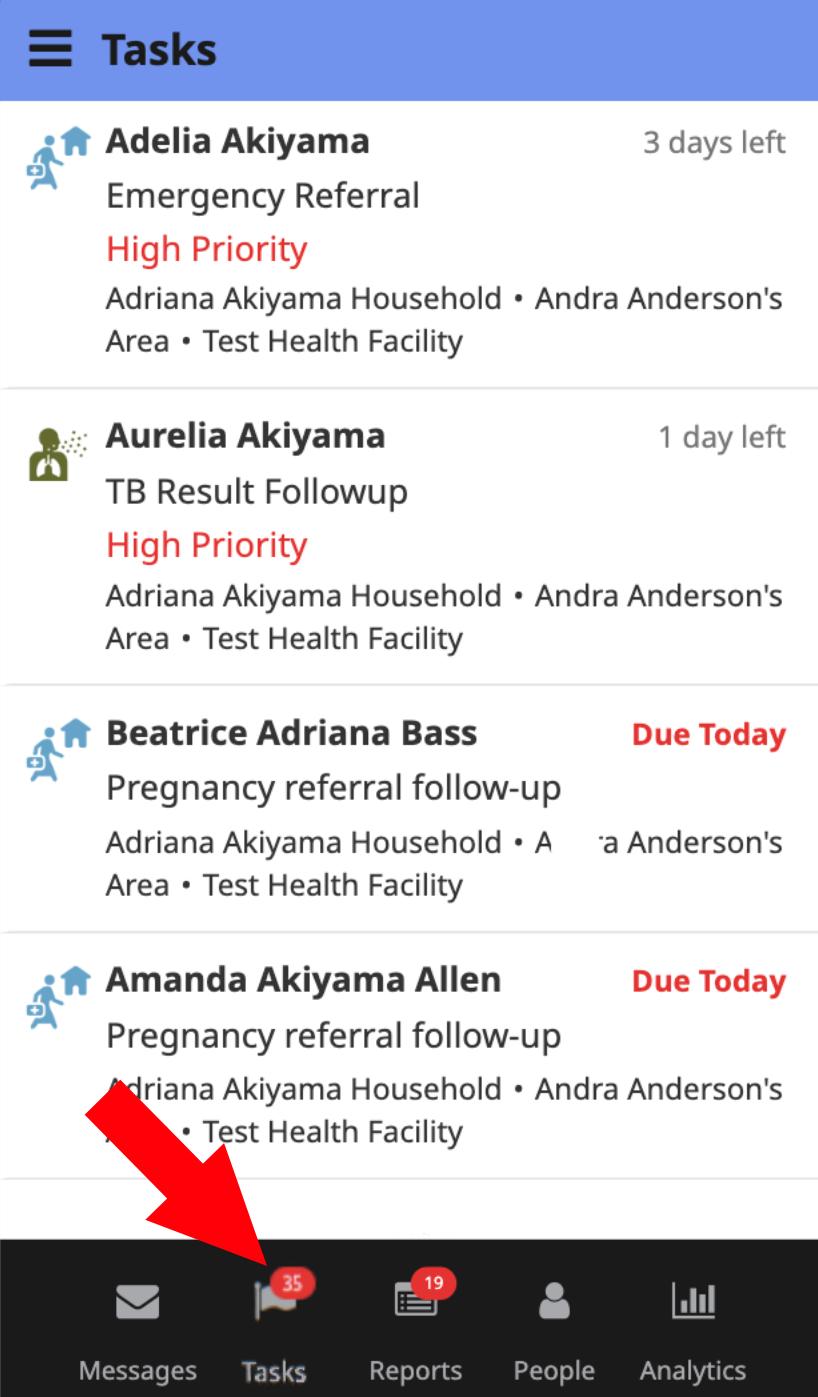 A red arrow points to a bubble on tasks icon. The bubble shows a count of '35', indicating overdue tasks