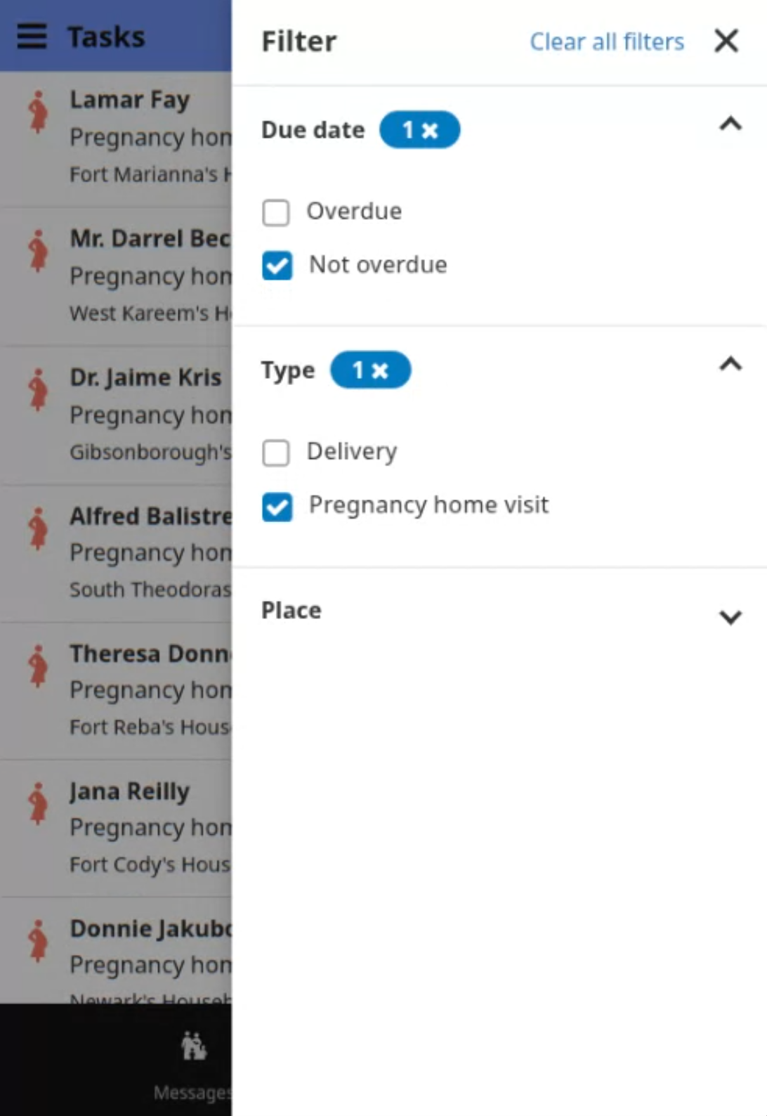 A Filter interface allowing to show overdue vs not overdue and delivery vs pregnancy home visit types